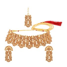 Efulgenz Indian Jewelry Sets for Women Bollywood Crystal Rhinestone Choker Necklace Earrings Maang Tikka Head Chain Bridal Wedding Jewelry for Women
