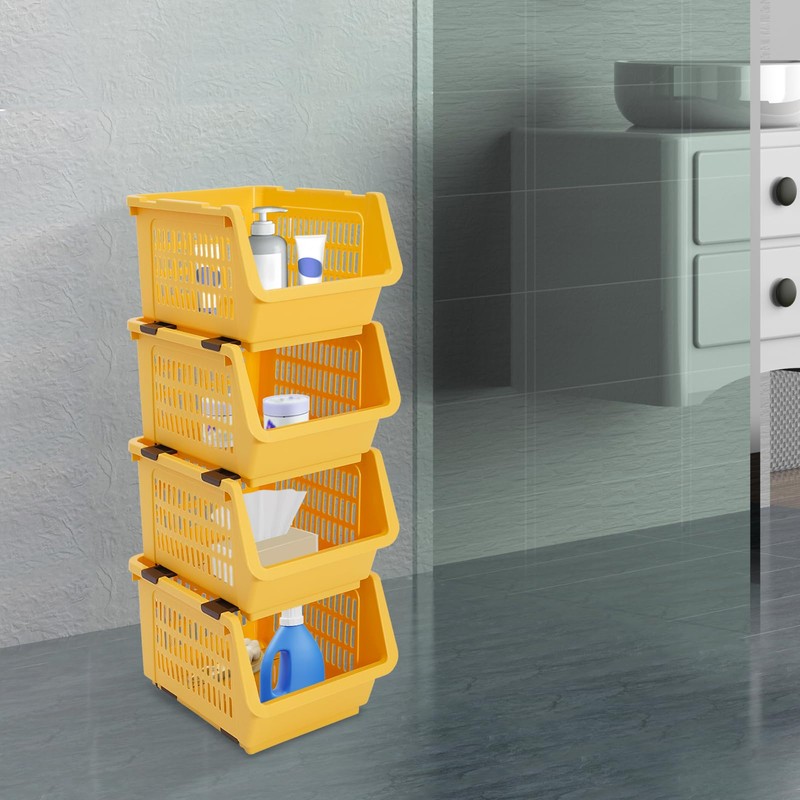 RENFANSHOP 4-Pack Stackable Plastic Storage Baskets - Open Front Organizer