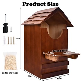 Large Owl House, 15'' x 10'' x 7'' Wooden Screech Owl Nesting Box with Perch Platform, Large U-Shaped Opening, Mounting Screws and Wood Shavings, Suitable for Outside Backyard