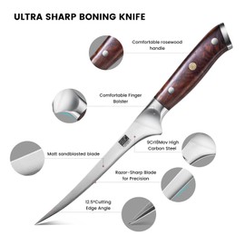 ZJIANKJ Fillet Knife 7 Inch, Ultra Sharp Boning Knife in 9Cr18MoV High Carbon Steel, Professional Fish Knives with Rosewood Handle for Precise Filleting, Slicing & Trimming