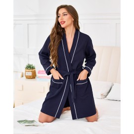 Vlazom Women Dressing Gown, Lightweight Waffle Robe Soft Cotton Bathrobes Mid-Length Robes with Pockets for All Seasons Spa Hotel Sleepwear Navy,M