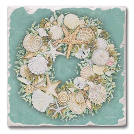 Thirstystone Coastal Sea Shell Wreath 4 Pack Absorbent Stone Tumbled Tile Coasters with Protective Cork Backing 4" Square Manufactured in The USA Artistic Absorbent Easily Wipes Clean