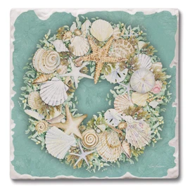Thirstystone Coastal Sea Shell Wreath 4 Pack Absorbent Stone Tumbled Tile Coasters with Protective Cork Backing 4" Square Manufactured in The USA Artistic Absorbent Easily Wipes Clean