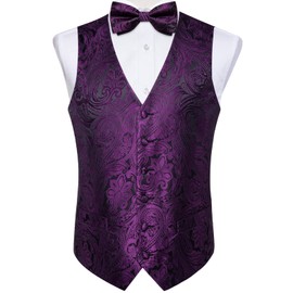 DiBanGu Men's Purple Paisley Vest and Necktie Set 6PCS Pre-tied Bow Tie Silk Formal Waistcoat for Wedding Party, Purple, 2XL