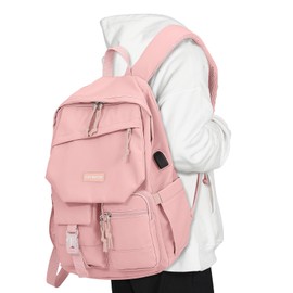 School Backpack College Bookbag for Teen — Student Aesthetic Bagpack for Girls 15.6 Inch Casual Daypack with USB Charger Women Laptop Backpacks Anti Theft Cute Fashion Book Bag Travel Back Pack Pink