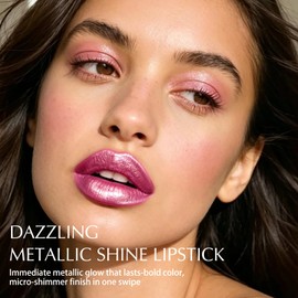 Rose Red Metallic Glitter Lipstick, Lightweight Shimmer Lipstick Non-Stick Full Coverage Cream Long Lasting High Shine Diamond Sparkle Lip Tinted for Women Makeup for Festival Party Daily Use