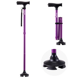 VEVOR Walking Cane for Man Woman, Folding Walking Stick with 8-Level Adjustable Height, 4-Pronged Pivoting Base, Lightweight & Portable Aluminum Mobility Aid for Senior Adults, 250LBS Loading (Purple)