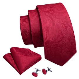 Barry.Wang Crimson Red Tie for Men Paisley Silk Necktie Pocket Square Cufflinks Set Formal Wedding Party Business