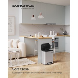 SONGMICS Kitchen Trash Can, 5.2-Gallon (20L) Garbage Can with Lid, Stainless Steel, Soft Close and Stays Open, Inner Bucket, Wide Non-Slip Pedal, Metallic Silver ULTB542E20