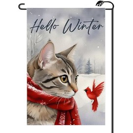 Cat Winter Garden Flag 12x18 Inch Vertical Double Sided Snow Christmas Holiday Cardinal Bird Small Flags Farmhouse Outside Decoration For Yard (ONLY FLAG) DJ25