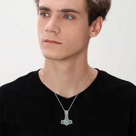 Malachite Thor Hammer Necklace for Men Sterling Silver Abalone Shell Mjolnir Necklace Viking Compass Vegvisir Celtic Pendant Necklace Viking Jewelry Gift for Men