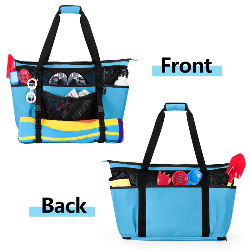 Fasrom Extra Large Mesh Beach Bag with Zipper Bottom, Family