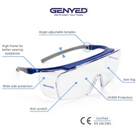 GENYED GENYED Schutzbrille fr Brillentr?ger, CE EN166 zertifiziert, Sicherheits-berbrille, kratzfest, beschlagfrei, UV400-Gl?ser, verstellbare Bgel, Wrap-around, Sicherheitsbrille