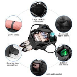 Aucuu Yoga Mat Bag, Sport Gym Bag Womens, Lightweight Yoga Bag with Yoga Strap, Large Gym Bag, Waterproof Yoga Bag with Shoes Compartment and Wet Pocket (Black)