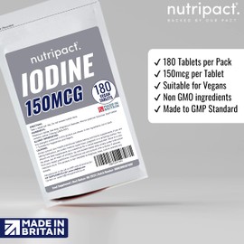 Iodine Supplement 150mcg Tablets - 180 Vegan Tablets - 6 Month Supply - Source of Iodine from Potassium Iodide - Suitable for Vegans - UK Made