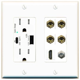 RiteAV 4 Port Banana 2 Speaker Binding Post HDMI Coax Wall Plate - USB A+C Outlet [White]