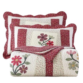 vctops Christmas Red 2 Piece Embroidered Floral Quilted Bedspread Quilt Set 100% Cotton Reversible Patchwork Coverlet Set 1 Quilt and 1 Pillow Sham (Red,Twin)