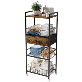 Black Free Standing Towel Rack for Bathroom, Towel Holder Stand with Drawer, Laundry Room Shelves Organization and Storage, Pool Towel Rack, Space-Saving Towel Storage Organizer (Black)