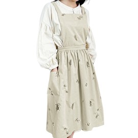 Small snail Japanese Style Women Cotton Floral Pattern Apron Waterproof Cross Back Kitchen Apron for Flower Shop Pottery Crafting Sleeveless Aprons with Pockets Beige