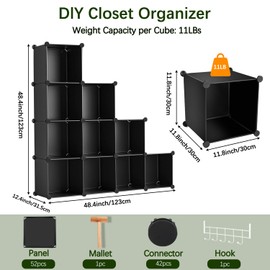 Whitmor 16 Cube Closet Organizers and Storage, Stackable Plastic Closet Shelves with Hooks & Mallet, DIY Clothes Organizer, Cube Bookshelf, Portable Storage Organizer for Bedroom, Home, Office, Black