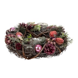 Christmas Advent Wreath Made of Multiple Materials Round with Pink/Green/Brown Decoration for Tea Lights Diameter 34 cm