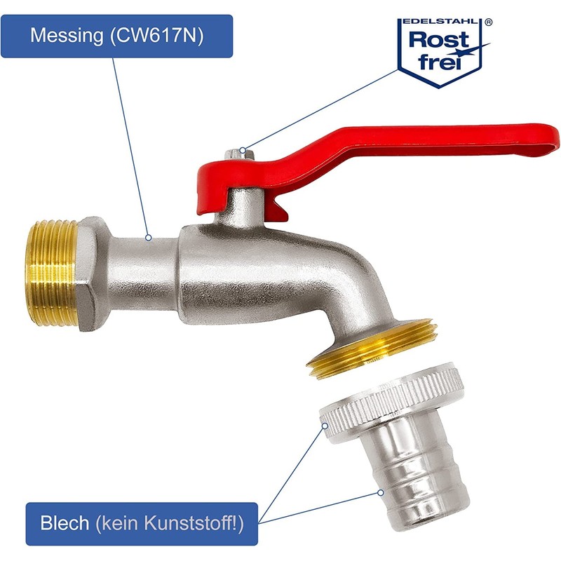 Variosan Ball Tap, Brass, Nickel-Plated, with Hose Fitting