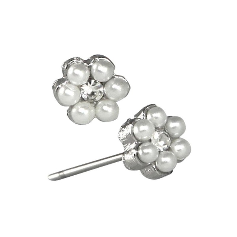 Simple Faux Pearl Flower Crystal Center Stud Earrings