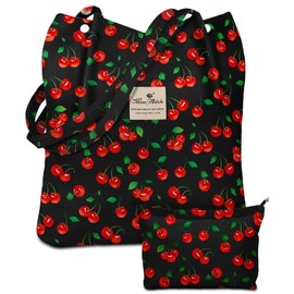 Miss Adola Aesthetic 2 Pack Corduroy Tote Bag - with Corduroy Makeup Pouch Bag for Women Shiny Cherry Reusable Grocery Bag with Buckle Shoulder Bag for Gym, Travel, Work