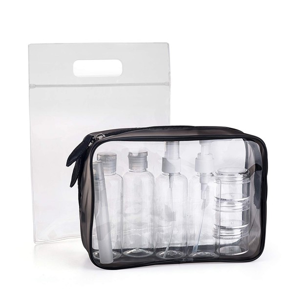 MOCOCITO Kulturbeutel durchsichtig und 8 Stück Reiseflasche Set (max.100ml) und