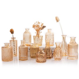 Amber Glass Bud Vases Set of 12, TBWIND Small Vases for Flowers, Champagne Mini Vintage Vases for Centerpieces, Bud Vase in Bulk for Wedding Decor, Single Flowers, Office and Home Table Flower Décor