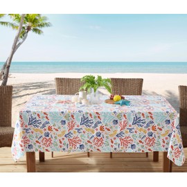 Newbridge Square Vinyl Tablecloth with Flannel Backing, 52 x 52 Inch, Under The Sea, Indoor/Outdoor Vinyl Table Cover for Holiday Parties and Dining, Red and Blue Fish and Coral Print