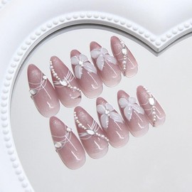 Almond Press on Nails Medium Purple Fake Nails French Tip False Nails with Design Flower Stick Diamond Chain Glossy Glue on Nail Glitter Artificial Acrylic for Women Manicure 24PCS