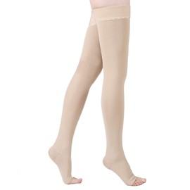 Medias de compresión hasta el muslo sin dedos, unisex, opacas, KEKING de 20 a 30 mmHg, manguera de compresión graduada con banda de silicona antideslizante, hinchazón, venas varicosas, edema, viajes, beige, 3XL