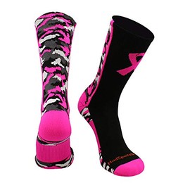 MadSportsStuff Pink Ribbon Awareness Camo Crew Socks (Black/Neon Pink, Small)