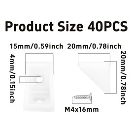 bociloy 40PCS 20x20x15mm Plastic Corner Braces, 90 Degree Small L-Shaped Brackets, 2 Holes Right Angle Shelf Brackets for Furniture, Cabinets, Shelves with Screws (White)