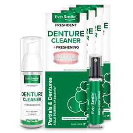 EverSmile FreshDent Denture and Partial Denture Cleaner + Teeth Whitening Spray and Foam– Travel Size Alternative to Cleaning Tablets That Eliminates Bacteria and Fights Bad Breath – 50ml + 10ml (4pk)
