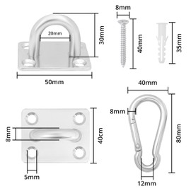 Winter Shore M8 Square Eye Plate with Eyelet with Carabiner Hook Stainless Steel [Pack of 2] - Robust Ceiling Hooks Heavy Duty with Carabiners for Indoor & Outdoor Use - Ceiling Mount with 8 Dowels &