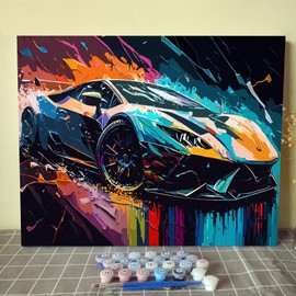 Aihonmin Paint by Numbers for Adults,Cool Sports Car,DIY Acrylic Watercolor Painting by Numbers for Kids Beginners Cool Car Painting Arts Craft Gift for Man's Car Lover(16X20 inches DIY Frame)