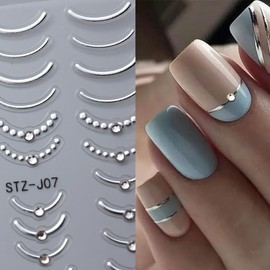 8Pcs Shiny Crystal French Line Nail Stickers Rose Gold Silver Metal Nail Decals Nail Supplies 5D Metallic Curve Wave Lines with Crystal Diamond Nail Design French Nail Tips Manicure Decor for Women