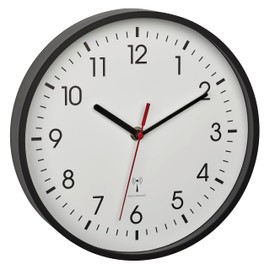 TFA Dostmann 60.3550.01 Analogue Radio Controlled Wall Clock, Precise Display, Classic, Analogue, Glass Cover, for Waiting Room, Home, Easy Reading, 245 x 245 x 42 mm, Black