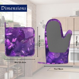 Purple Butterfly Oven Mitts and Pot Holders Sparkling Abstract Silicone Kitchen Accessories Set of 4 Heat Resistant Non-Slip Long Gloves Potholder for Chef Cooking Baking Gifts Women Men