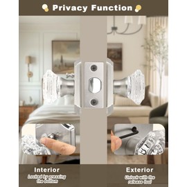 Gobrico 3 Pack Clear Crystal Door Knobs,Bed/Bath Door Handles Privacy Function,Octagonal Diamond Glass Interior Knob with Arched Rosette,Satin Nickel Finished