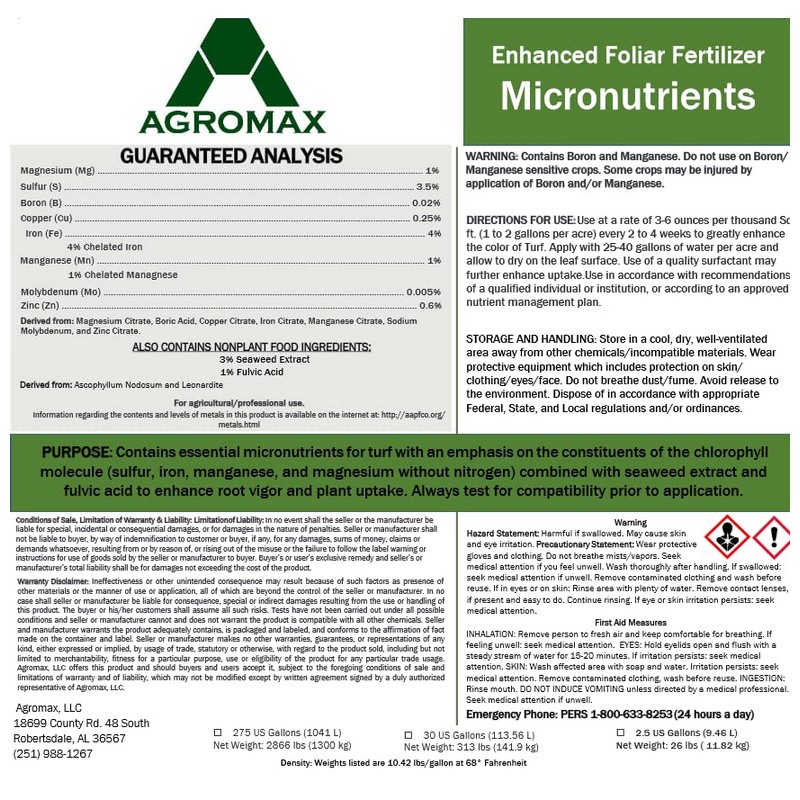 Agromax Micronutrients Liquid Fertilizer with Chelated Iron and Seaweed Extract-