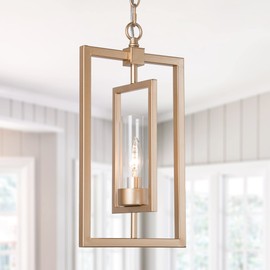 Optimant Lighting Gold Pendant Lighting for Kitchen Island, 1-Light Modern Glass Pendant Chandelier Light Fixture with Chain Framework Adjustable for Dining & Living Room Bedroom Foyer Hallway (E12)
