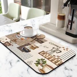 Retro Coffee Diatom Mud Drying Mat 12x20 Inch - Super Absorbent Fast Dry Kitchen Counter Mat with Non-Slip Rubber Backing, Themed Decor for Espresso Bar & Countertops