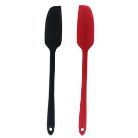 LVADUHF 2 Pieces Long Handle Silicone Jar Spatula, Non-Stick Rubber Scraper Heat Resistant Spatula Narrow Silicone Scraper for Jars, Cooking Baking Stirring Mixing(Black,Red)