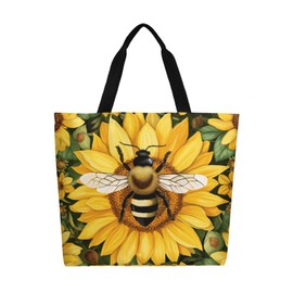 Muishi Bee Sunflowers Daisies Canvas Tote Bag Large Women Casual Shoulder Bag Handbag Reusable Beach Shopping Grocery Bag For Outdoors