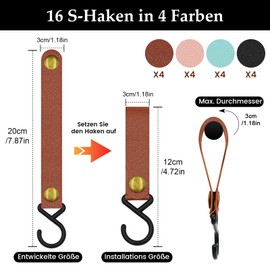 Annickee Pack of 16 Hooks for Clothes Rail, S Hooks with Leather Loop, Hooks for Hanging, S-Hooks, Coat Rail, Leather Hooks, Matt Texture, Multifunctional Hooks for Wardrobe, Bathroom, Coat, Kitchen