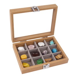 Dmnnlp 12 Grids Rock Display Case, Wooden Rock Collection Box with Clear Lid, Display Box for Collectables,Storage Cases for Small Rocks Gemstone Fossil Crystal Stone Jewellery (Light Brown)