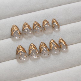 French Tip Press on Nails Medium Almond Fake Nails Star False Nails 3D Gold Chrome with Design Glue on Nails Glossy Acrylic Full Cover Rhinestone Stick on Nails for Women 24Pcs